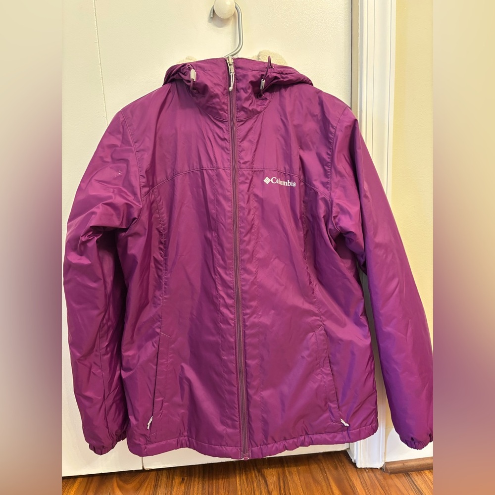Columbia Womens Fleece Lined Jacket Coat Full Zip Hooded Pockets Purple S